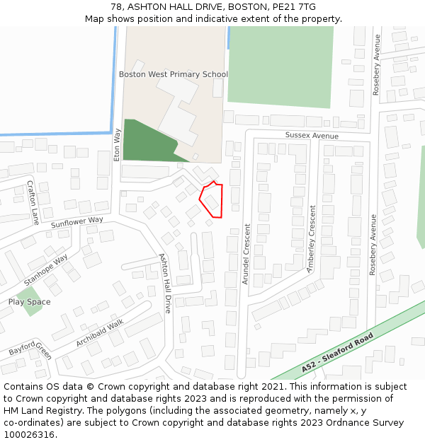 78, ASHTON HALL DRIVE, BOSTON, PE21 7TG: Location map and indicative extent of plot