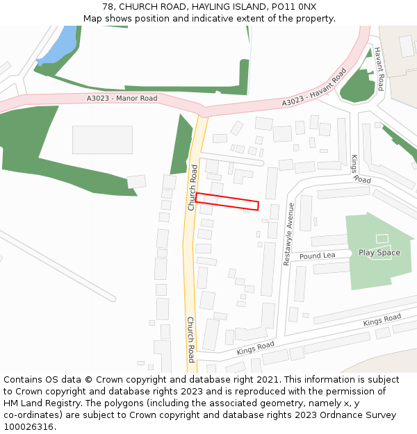 78, CHURCH ROAD, HAYLING ISLAND, PO11 0NX: Location map and indicative extent of plot