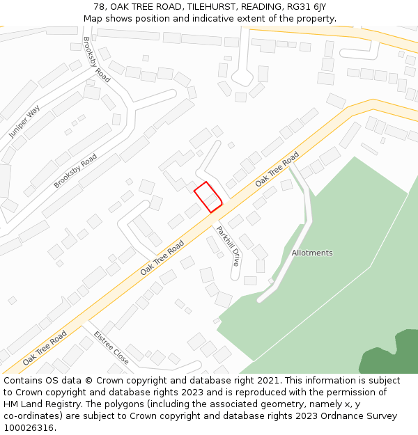 78, OAK TREE ROAD, TILEHURST, READING, RG31 6JY: Location map and indicative extent of plot