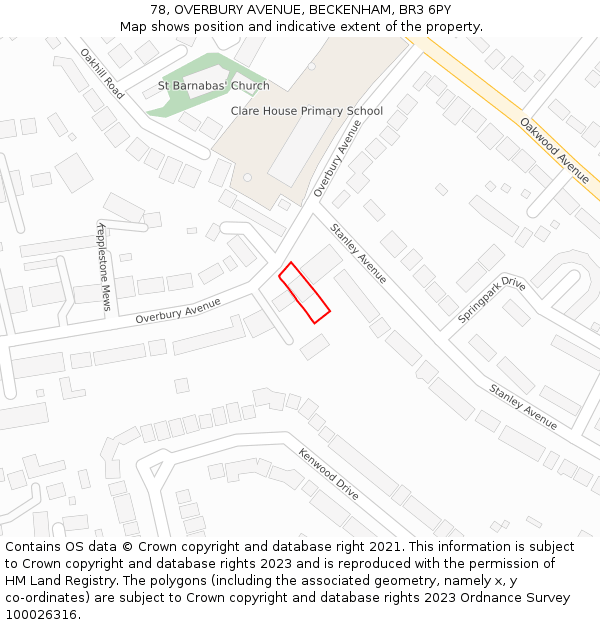 78, OVERBURY AVENUE, BECKENHAM, BR3 6PY: Location map and indicative extent of plot