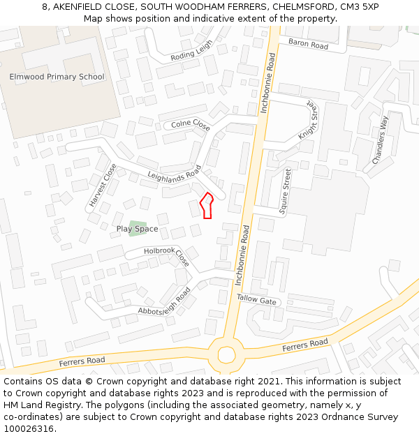 8, AKENFIELD CLOSE, SOUTH WOODHAM FERRERS, CHELMSFORD, CM3 5XP: Location map and indicative extent of plot