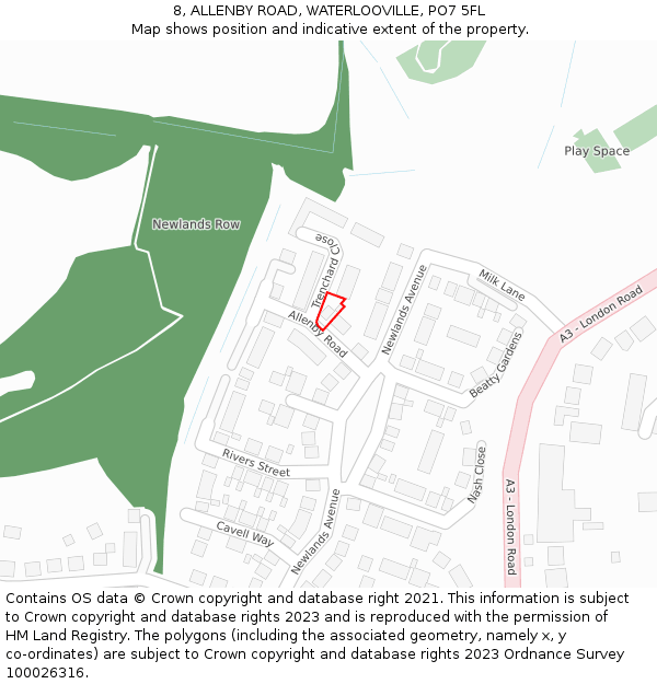 8, ALLENBY ROAD, WATERLOOVILLE, PO7 5FL: Location map and indicative extent of plot