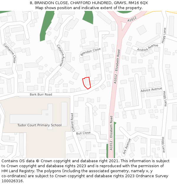 8, BRANDON CLOSE, CHAFFORD HUNDRED, GRAYS, RM16 6QX: Location map and indicative extent of plot