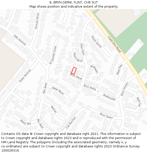 8, BRYN DERW, FLINT, CH6 5UT: Location map and indicative extent of plot