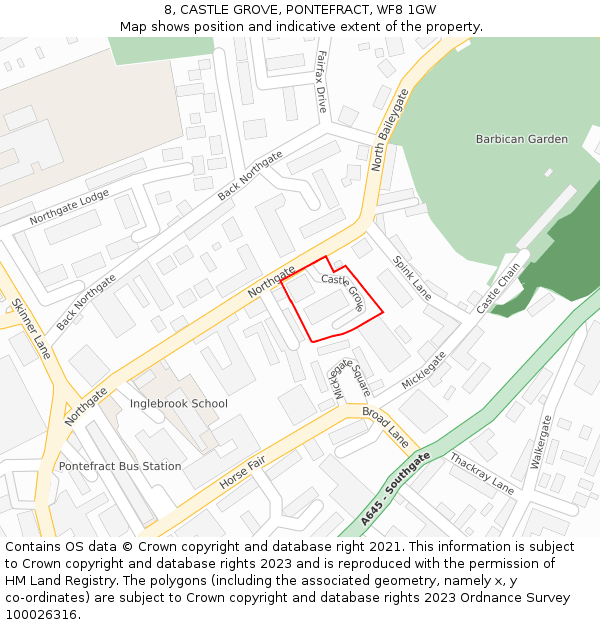 8, CASTLE GROVE, PONTEFRACT, WF8 1GW: Location map and indicative extent of plot