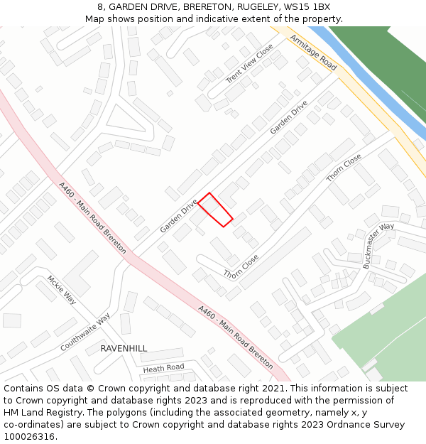 8, GARDEN DRIVE, BRERETON, RUGELEY, WS15 1BX: Location map and indicative extent of plot