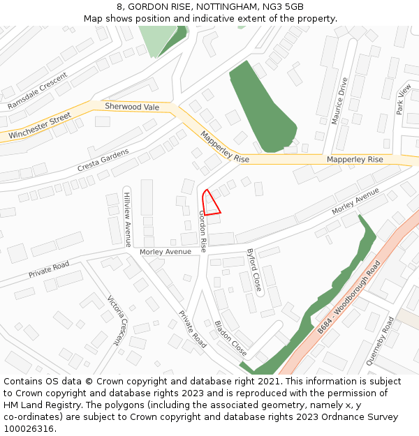 8, GORDON RISE, NOTTINGHAM, NG3 5GB: Location map and indicative extent of plot