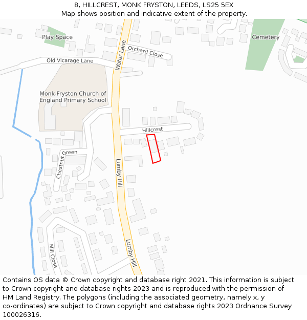 8, HILLCREST, MONK FRYSTON, LEEDS, LS25 5EX: Location map and indicative extent of plot