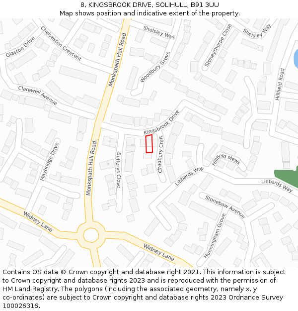 8, KINGSBROOK DRIVE, SOLIHULL, B91 3UU: Location map and indicative extent of plot