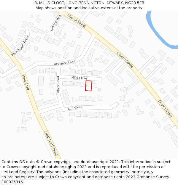 8, MILLS CLOSE, LONG BENNINGTON, NEWARK, NG23 5ER: Location map and indicative extent of plot