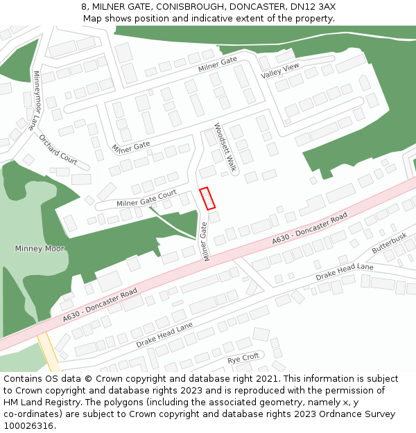 8, MILNER GATE, CONISBROUGH, DONCASTER, DN12 3AX: Location map and indicative extent of plot