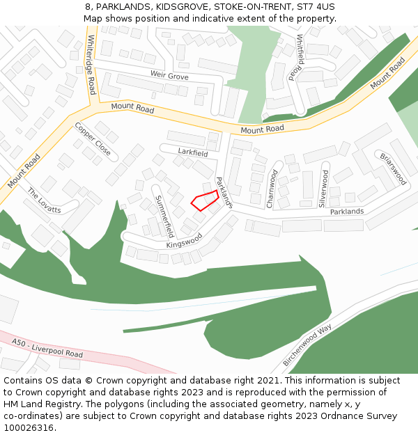 8, PARKLANDS, KIDSGROVE, STOKE-ON-TRENT, ST7 4US: Location map and indicative extent of plot