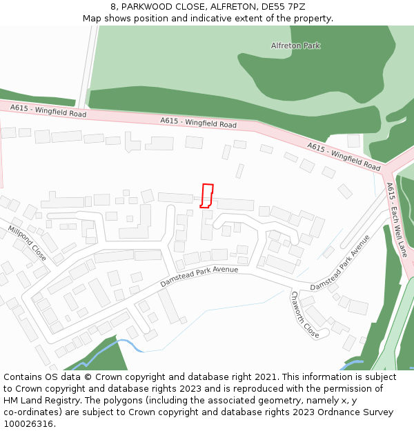 8, PARKWOOD CLOSE, ALFRETON, DE55 7PZ: Location map and indicative extent of plot