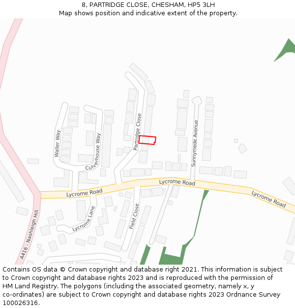 8, PARTRIDGE CLOSE, CHESHAM, HP5 3LH: Location map and indicative extent of plot