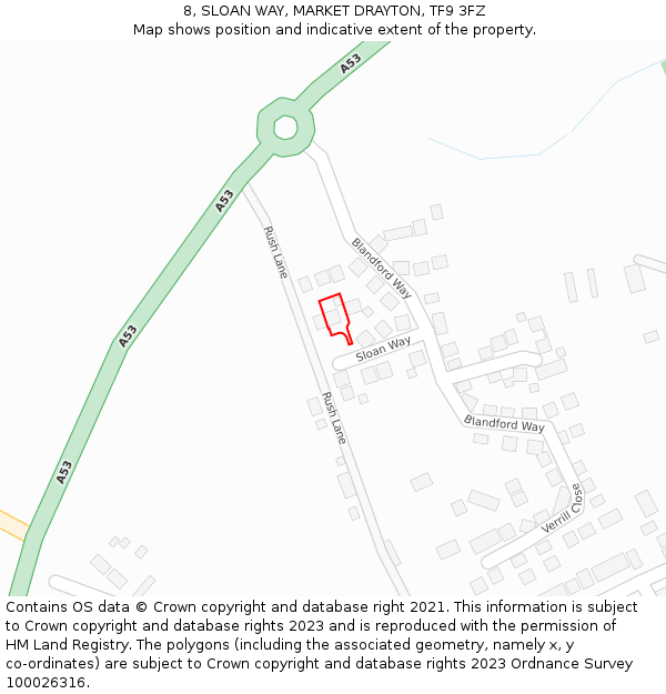 8, SLOAN WAY, MARKET DRAYTON, TF9 3FZ: Location map and indicative extent of plot