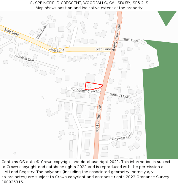 8, SPRINGFIELD CRESCENT, WOODFALLS, SALISBURY, SP5 2LS: Location map and indicative extent of plot