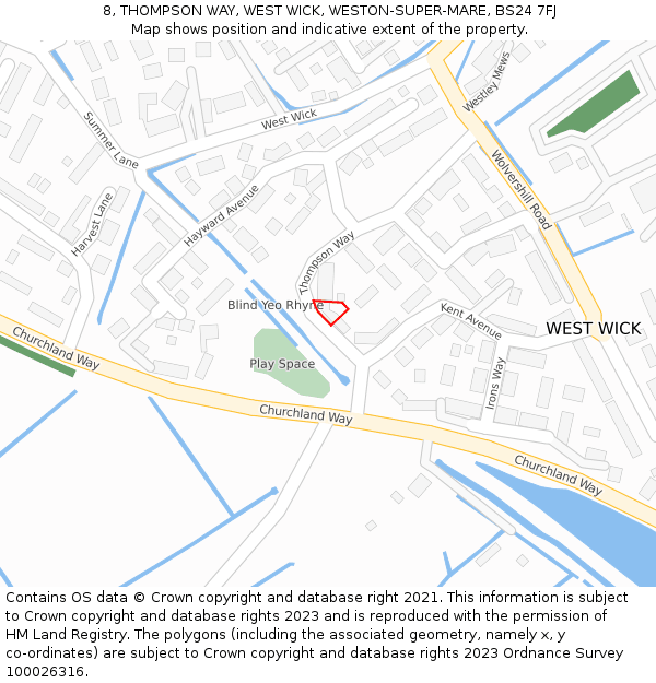 8, THOMPSON WAY, WEST WICK, WESTON-SUPER-MARE, BS24 7FJ: Location map and indicative extent of plot