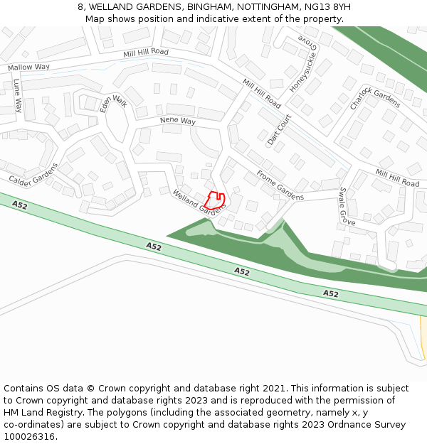 8, WELLAND GARDENS, BINGHAM, NOTTINGHAM, NG13 8YH: Location map and indicative extent of plot