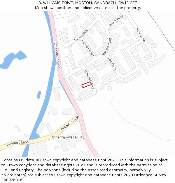 8, WILLIAMS DRIVE, MOSTON, SANDBACH, CW11 3ET: Location map and indicative extent of plot