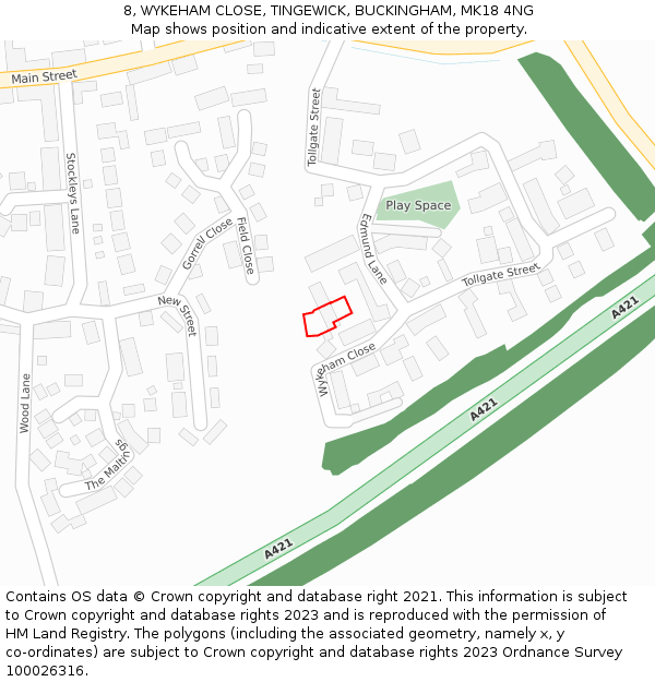 8, WYKEHAM CLOSE, TINGEWICK, BUCKINGHAM, MK18 4NG: Location map and indicative extent of plot