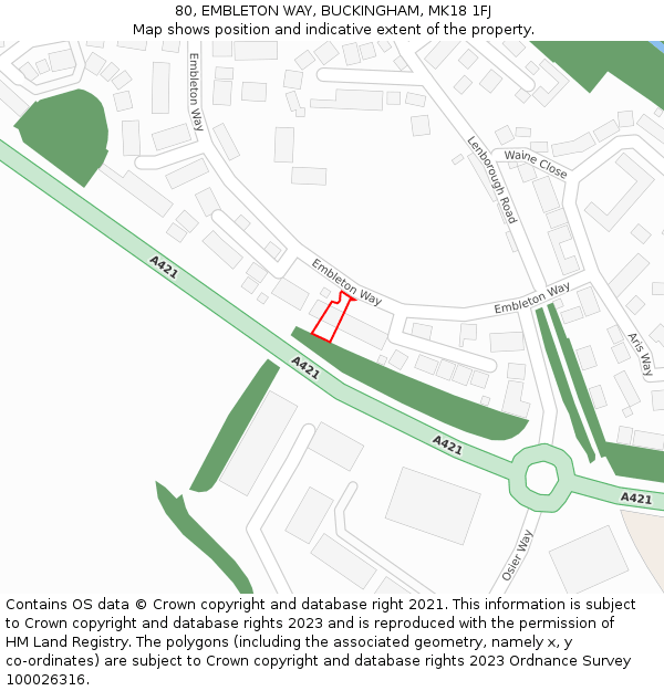 80, EMBLETON WAY, BUCKINGHAM, MK18 1FJ: Location map and indicative extent of plot