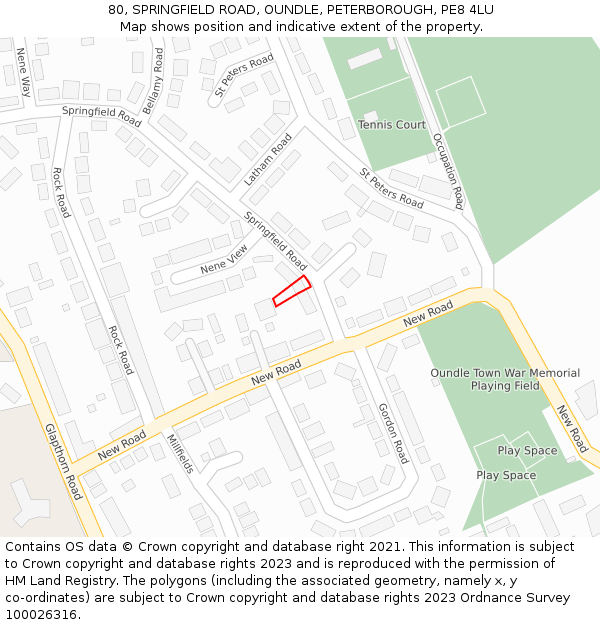 80, SPRINGFIELD ROAD, OUNDLE, PETERBOROUGH, PE8 4LU: Location map and indicative extent of plot