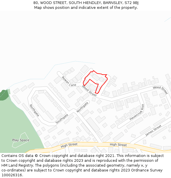 80, WOOD STREET, SOUTH HIENDLEY, BARNSLEY, S72 9BJ: Location map and indicative extent of plot