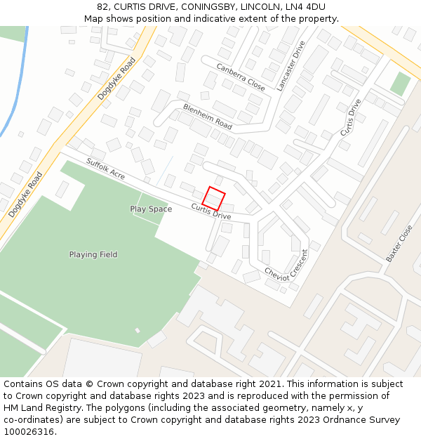 82, CURTIS DRIVE, CONINGSBY, LINCOLN, LN4 4DU: Location map and indicative extent of plot