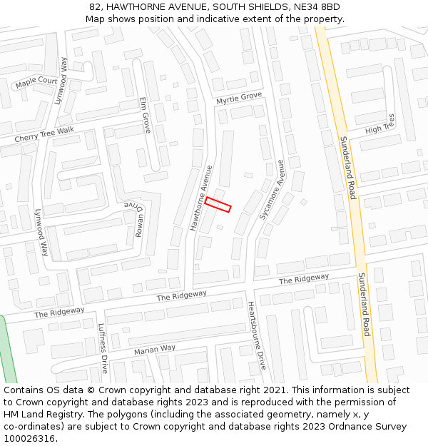 82, HAWTHORNE AVENUE, SOUTH SHIELDS, NE34 8BD: Location map and indicative extent of plot