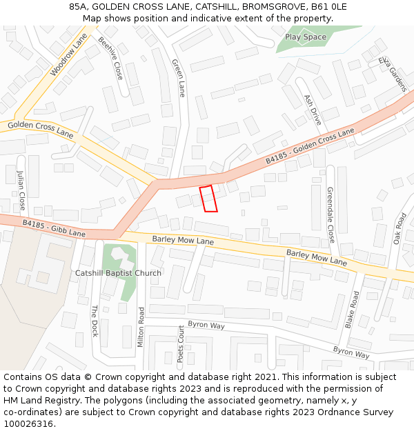 85A, GOLDEN CROSS LANE, CATSHILL, BROMSGROVE, B61 0LE: Location map and indicative extent of plot