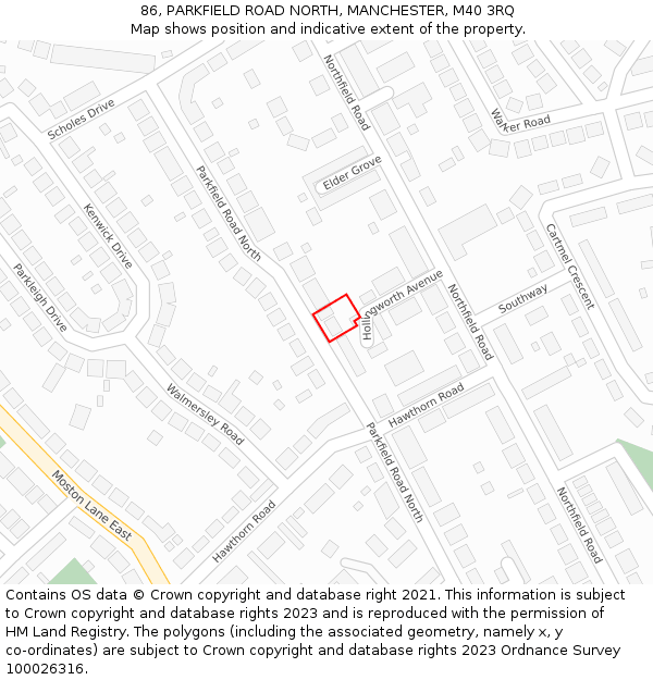 86, PARKFIELD ROAD NORTH, MANCHESTER, M40 3RQ: Location map and indicative extent of plot