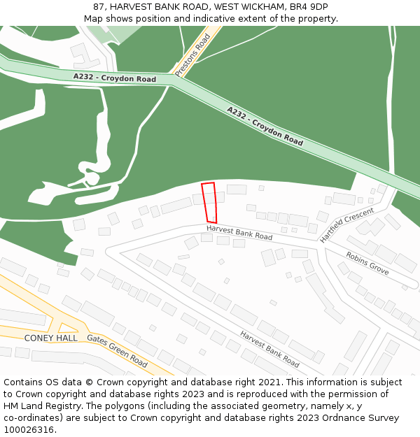 87, HARVEST BANK ROAD, WEST WICKHAM, BR4 9DP: Location map and indicative extent of plot