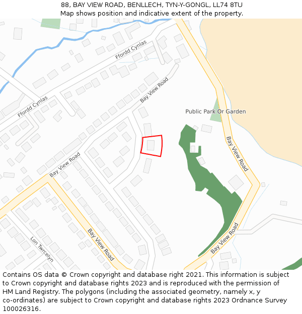 88, BAY VIEW ROAD, BENLLECH, TYN-Y-GONGL, LL74 8TU: Location map and indicative extent of plot