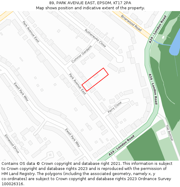 89, PARK AVENUE EAST, EPSOM, KT17 2PA: Location map and indicative extent of plot