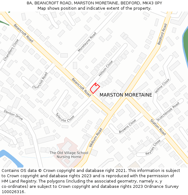 8A, BEANCROFT ROAD, MARSTON MORETAINE, BEDFORD, MK43 0PY: Location map and indicative extent of plot