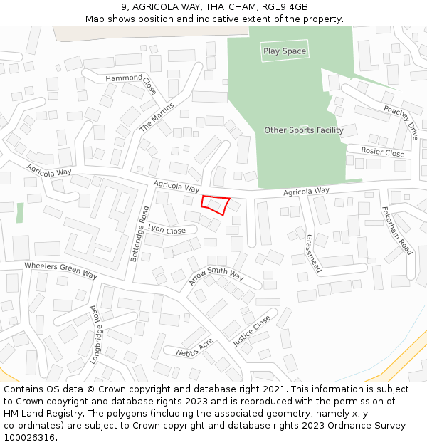 9, AGRICOLA WAY, THATCHAM, RG19 4GB: Location map and indicative extent of plot