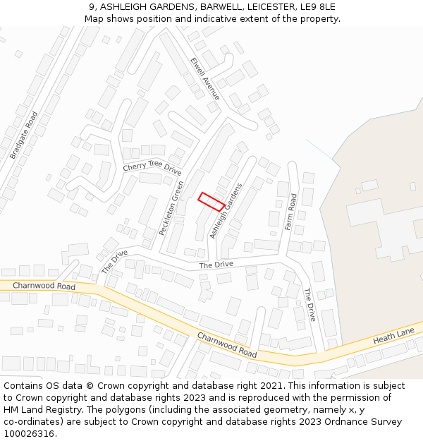 9, ASHLEIGH GARDENS, BARWELL, LEICESTER, LE9 8LE: Location map and indicative extent of plot