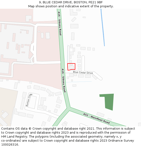 9, BLUE CEDAR DRIVE, BOSTON, PE21 9BF: Location map and indicative extent of plot