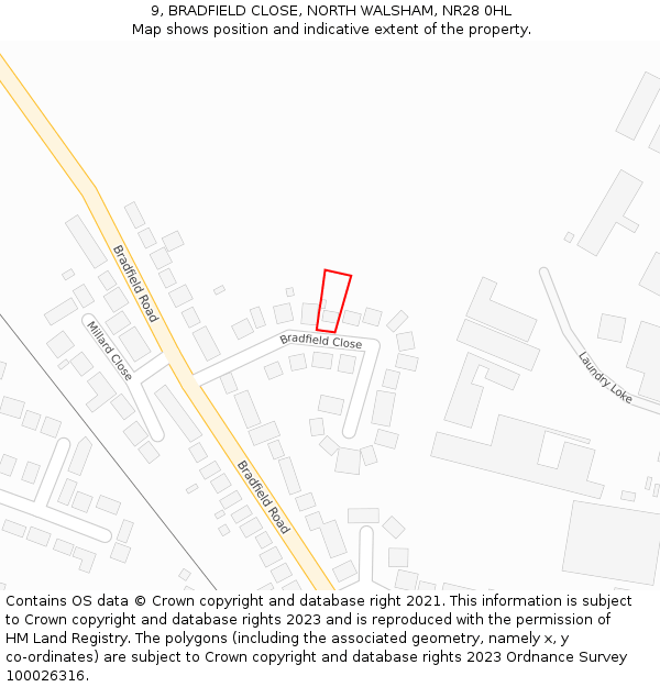 9, BRADFIELD CLOSE, NORTH WALSHAM, NR28 0HL: Location map and indicative extent of plot