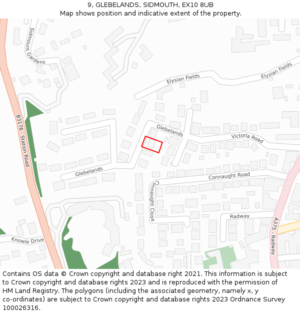 9, GLEBELANDS, SIDMOUTH, EX10 8UB: Location map and indicative extent of plot