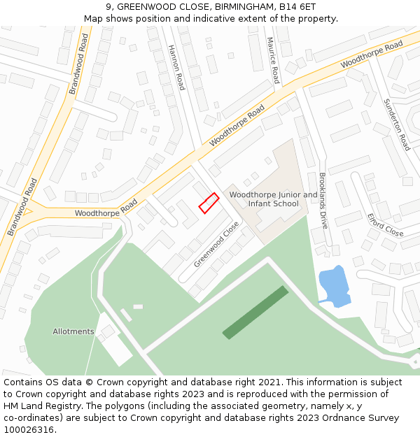 9, GREENWOOD CLOSE, BIRMINGHAM, B14 6ET: Location map and indicative extent of plot