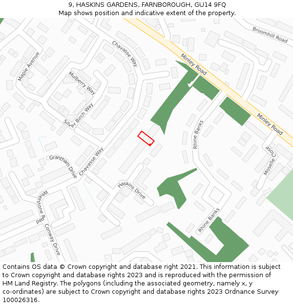 9, HASKINS GARDENS, FARNBOROUGH, GU14 9FQ: Location map and indicative extent of plot