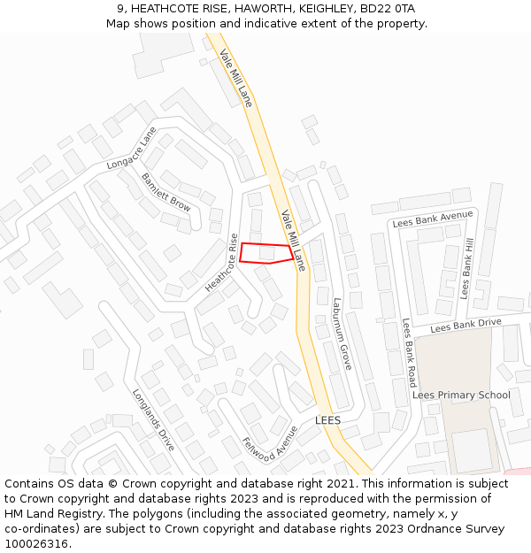 9, HEATHCOTE RISE, HAWORTH, KEIGHLEY, BD22 0TA: Location map and indicative extent of plot