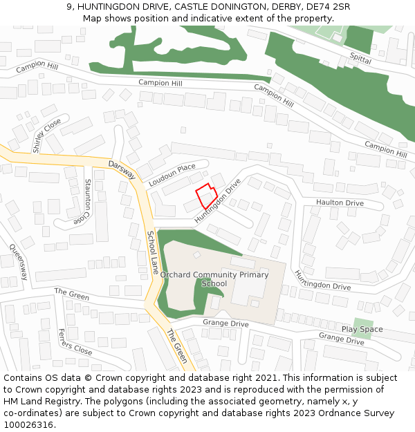 9, HUNTINGDON DRIVE, CASTLE DONINGTON, DERBY, DE74 2SR: Location map and indicative extent of plot