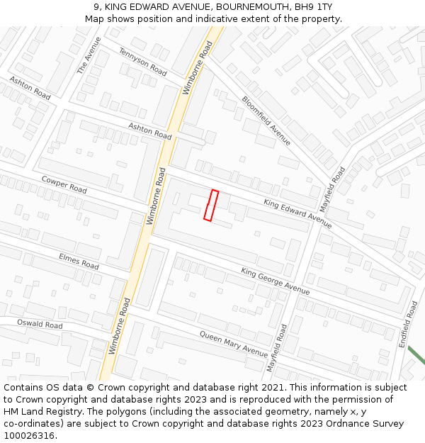 9, KING EDWARD AVENUE, BOURNEMOUTH, BH9 1TY: Location map and indicative extent of plot