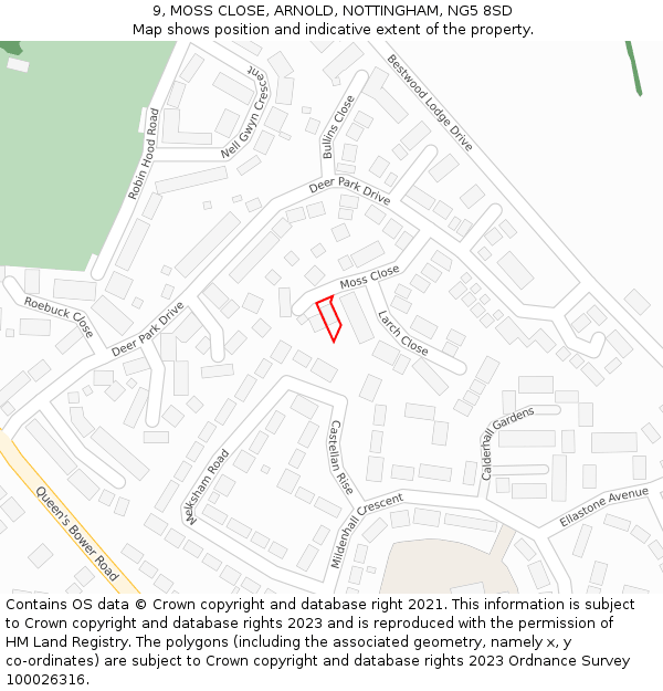 9, MOSS CLOSE, ARNOLD, NOTTINGHAM, NG5 8SD: Location map and indicative extent of plot