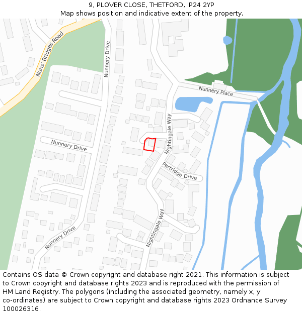 9, PLOVER CLOSE, THETFORD, IP24 2YP: Location map and indicative extent of plot