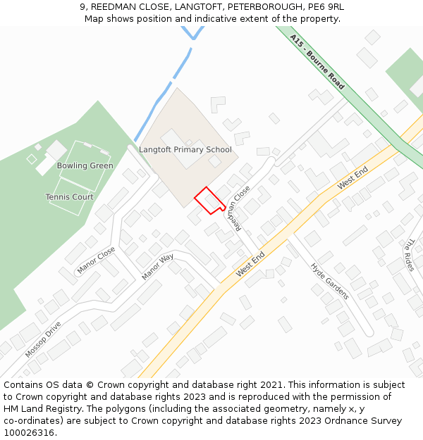 9, REEDMAN CLOSE, LANGTOFT, PETERBOROUGH, PE6 9RL: Location map and indicative extent of plot