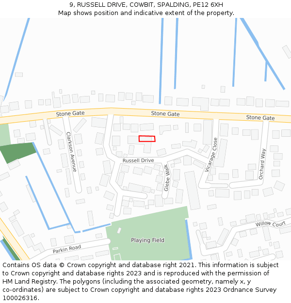 9, RUSSELL DRIVE, COWBIT, SPALDING, PE12 6XH: Location map and indicative extent of plot