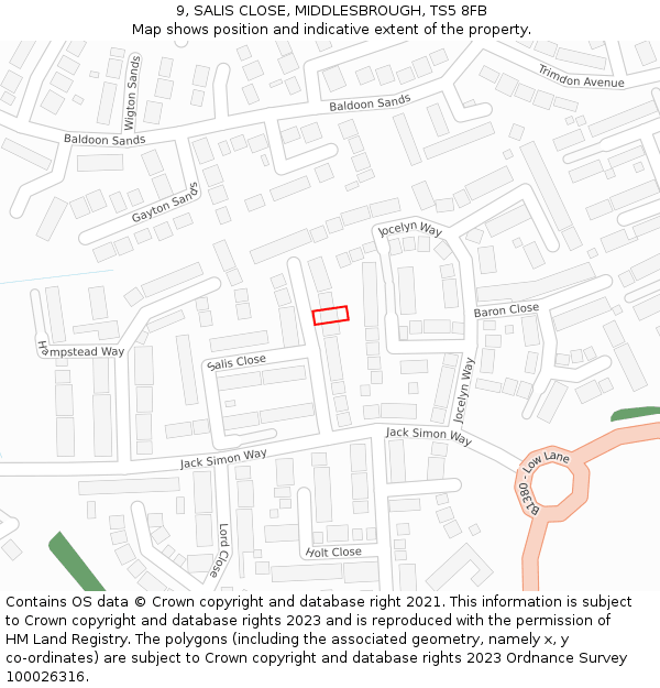 9, SALIS CLOSE, MIDDLESBROUGH, TS5 8FB: Location map and indicative extent of plot